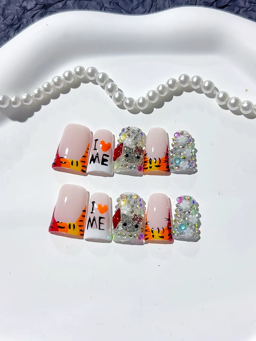 L238 - Short Nude White Duck Abstract Text Rhinestone
