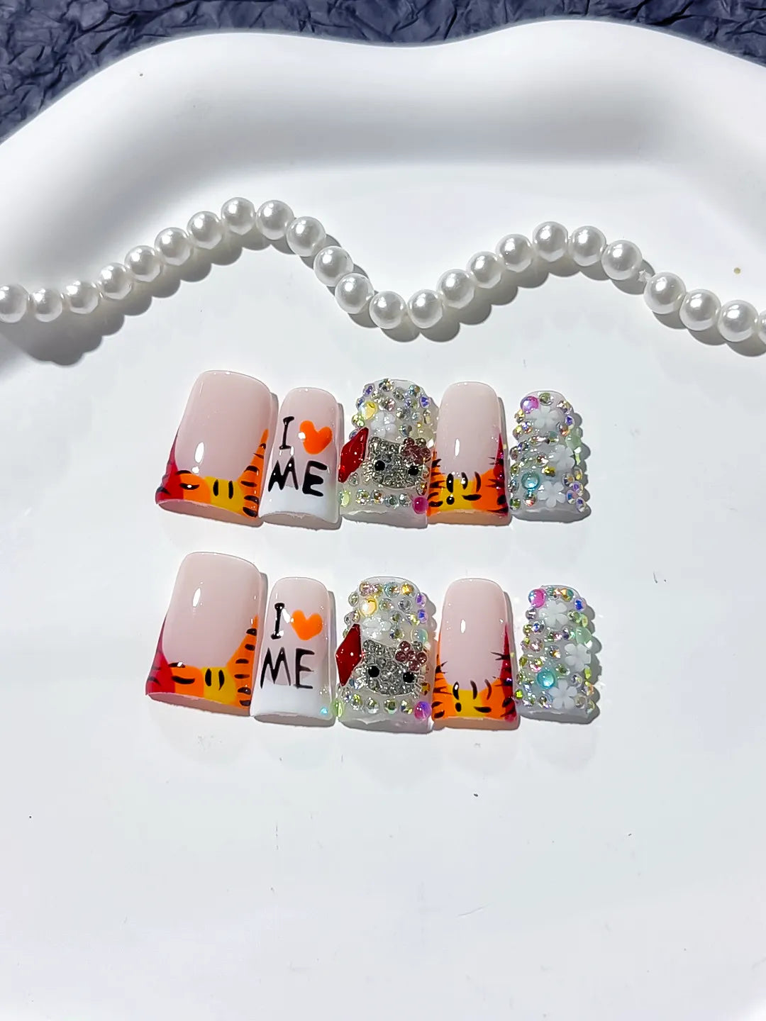 L238 - Short Nude White Duck Abstract Text Rhinestone
