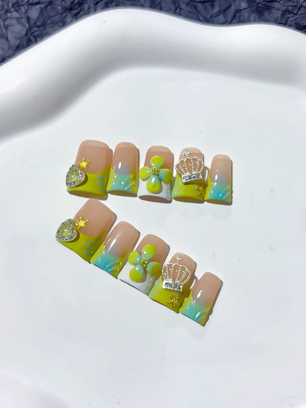 L241 - Short Nude Green Duck Abstract Flower Crown