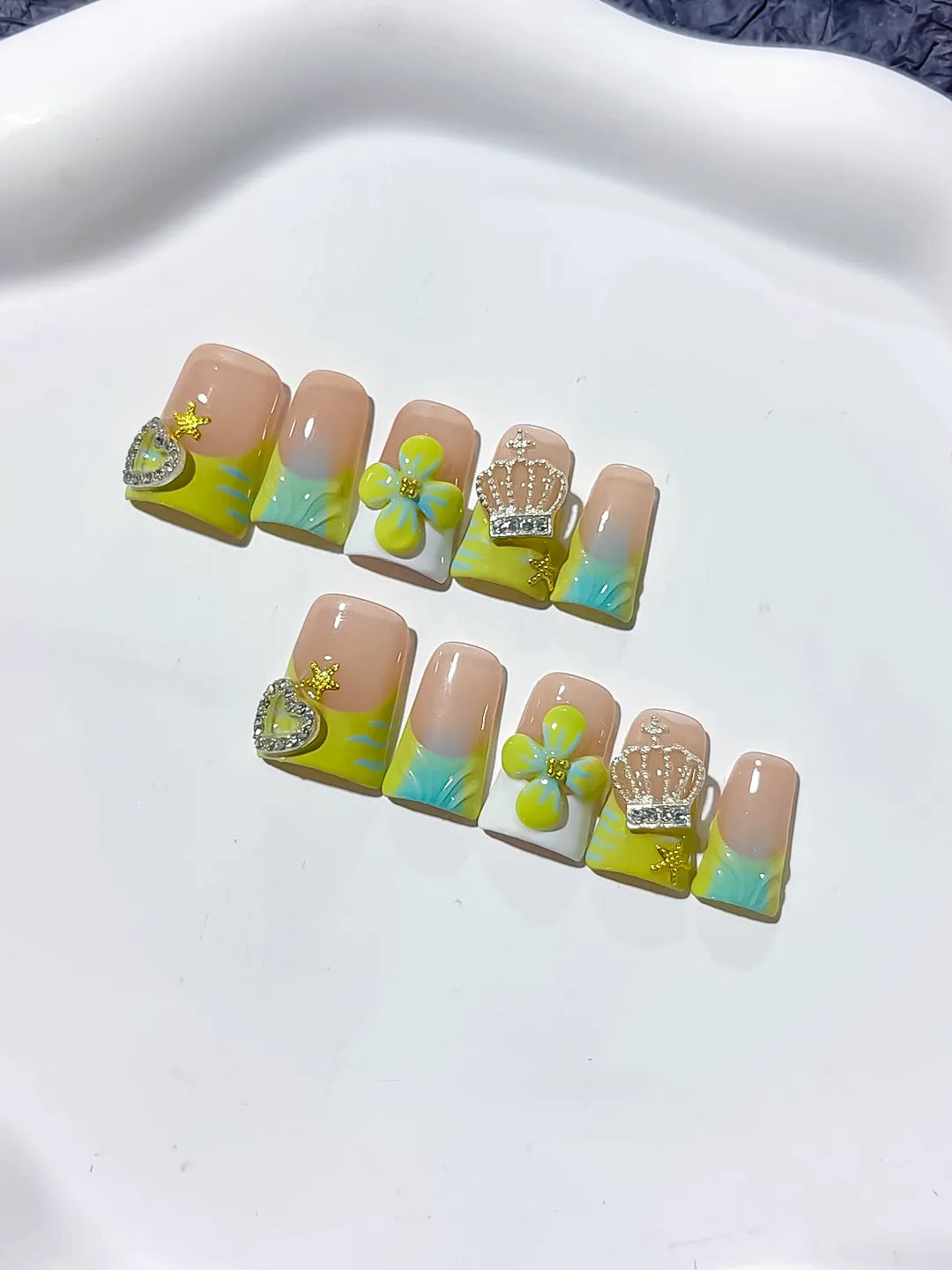 L241 - Short Nude Green Duck Abstract Flower Crown