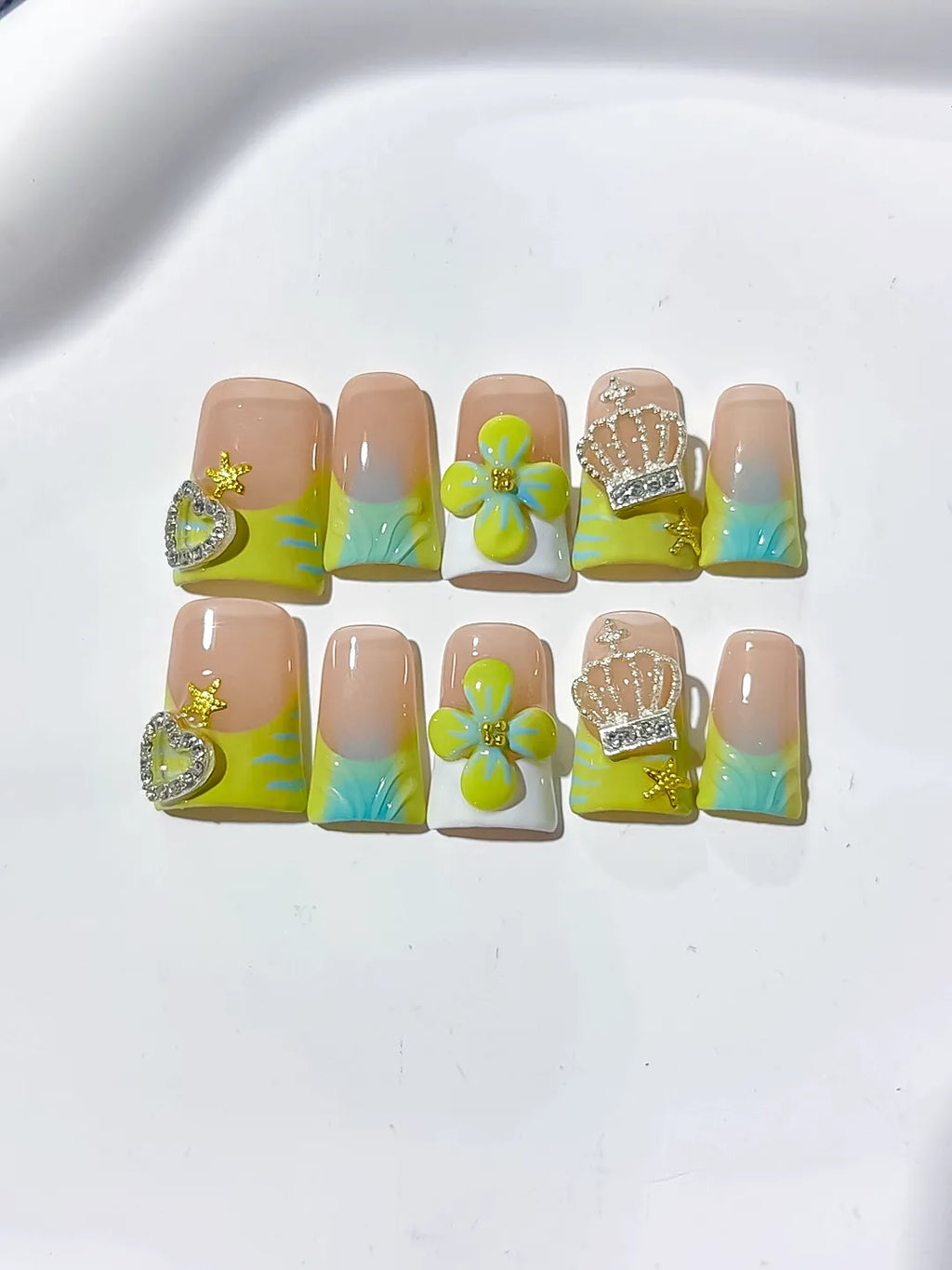 L241 - Short Nude Green Duck Abstract Flower Crown