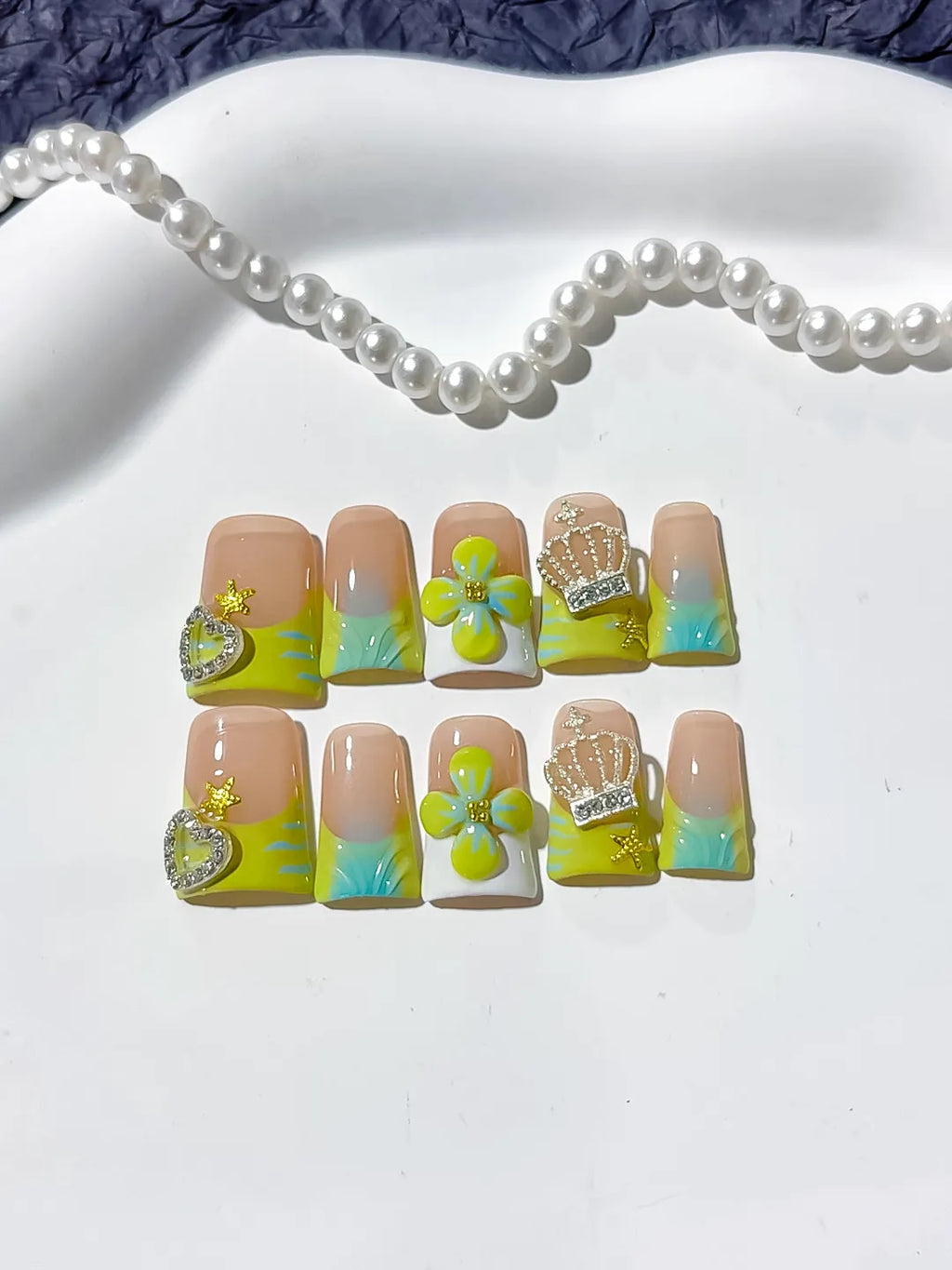 L241 - Short Nude Green Duck Abstract Flower Crown