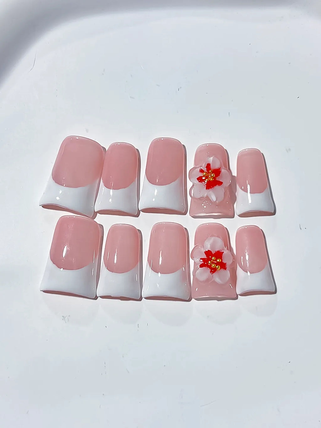 L244 - Short Pink White Duck French tip Flower 3D