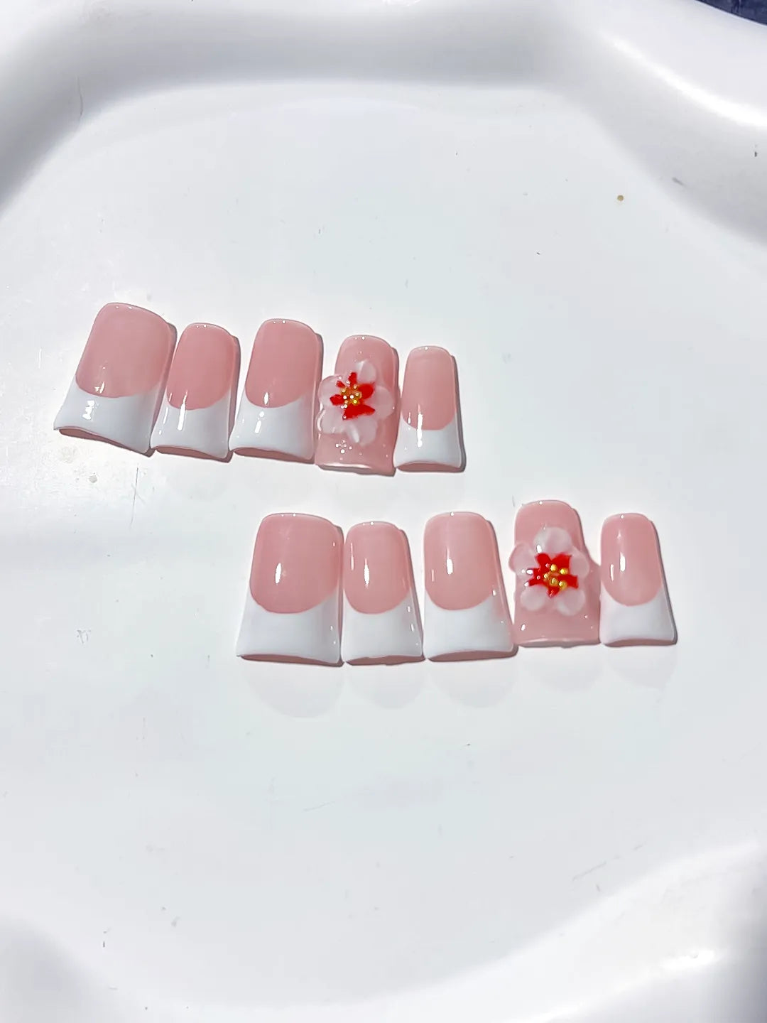 L244 - Short Pink White Duck French tip Flower 3D