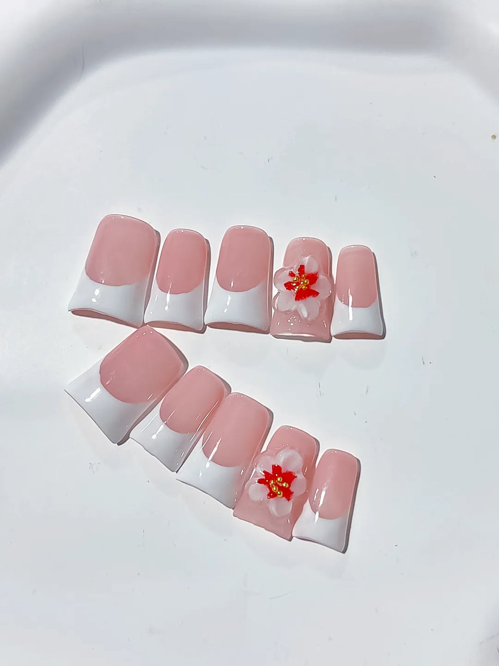 L244 - Short Pink White Duck French tip Flower 3D