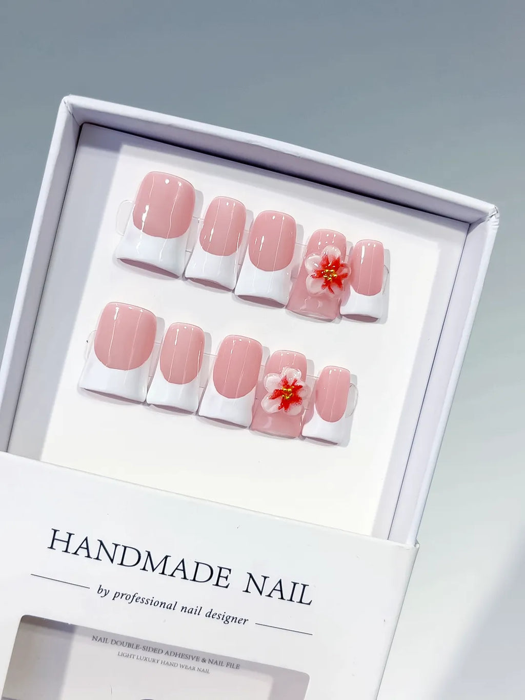 L244 - Short Pink White Duck French tip Flower 3D