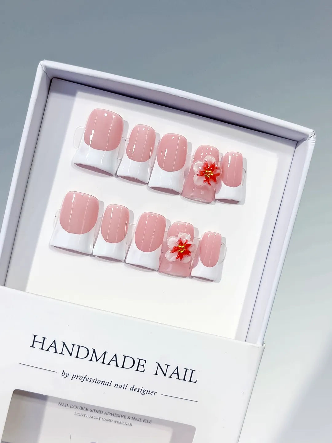 L244 - Short Pink White Duck French tip Flower 3D