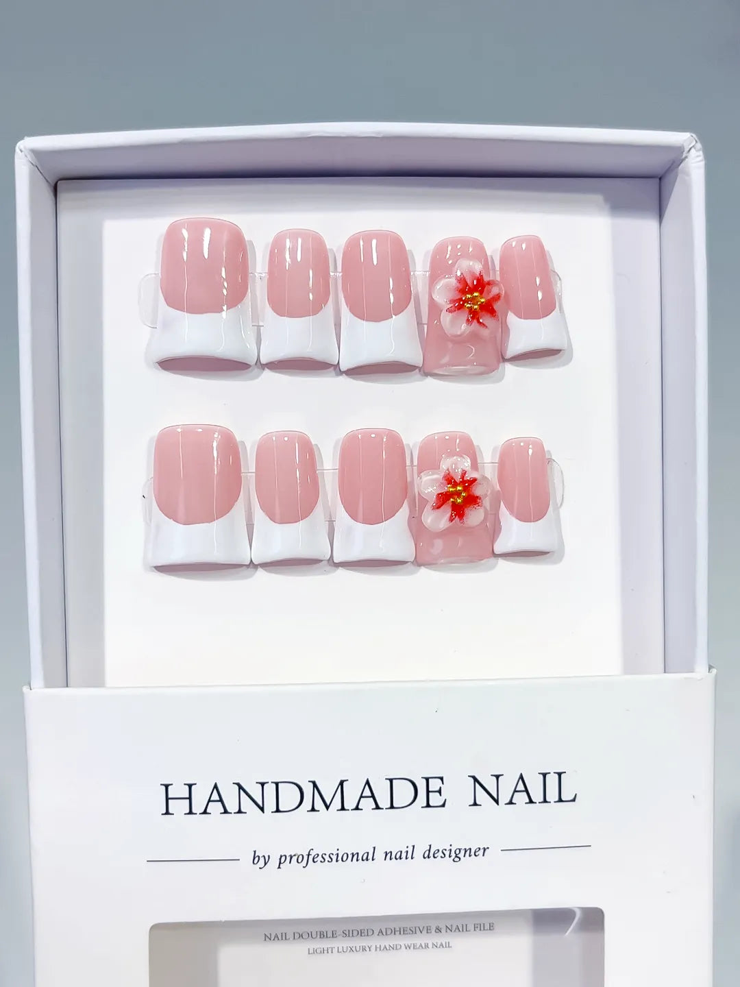 L244 - Short Pink White Duck French tip Flower 3D