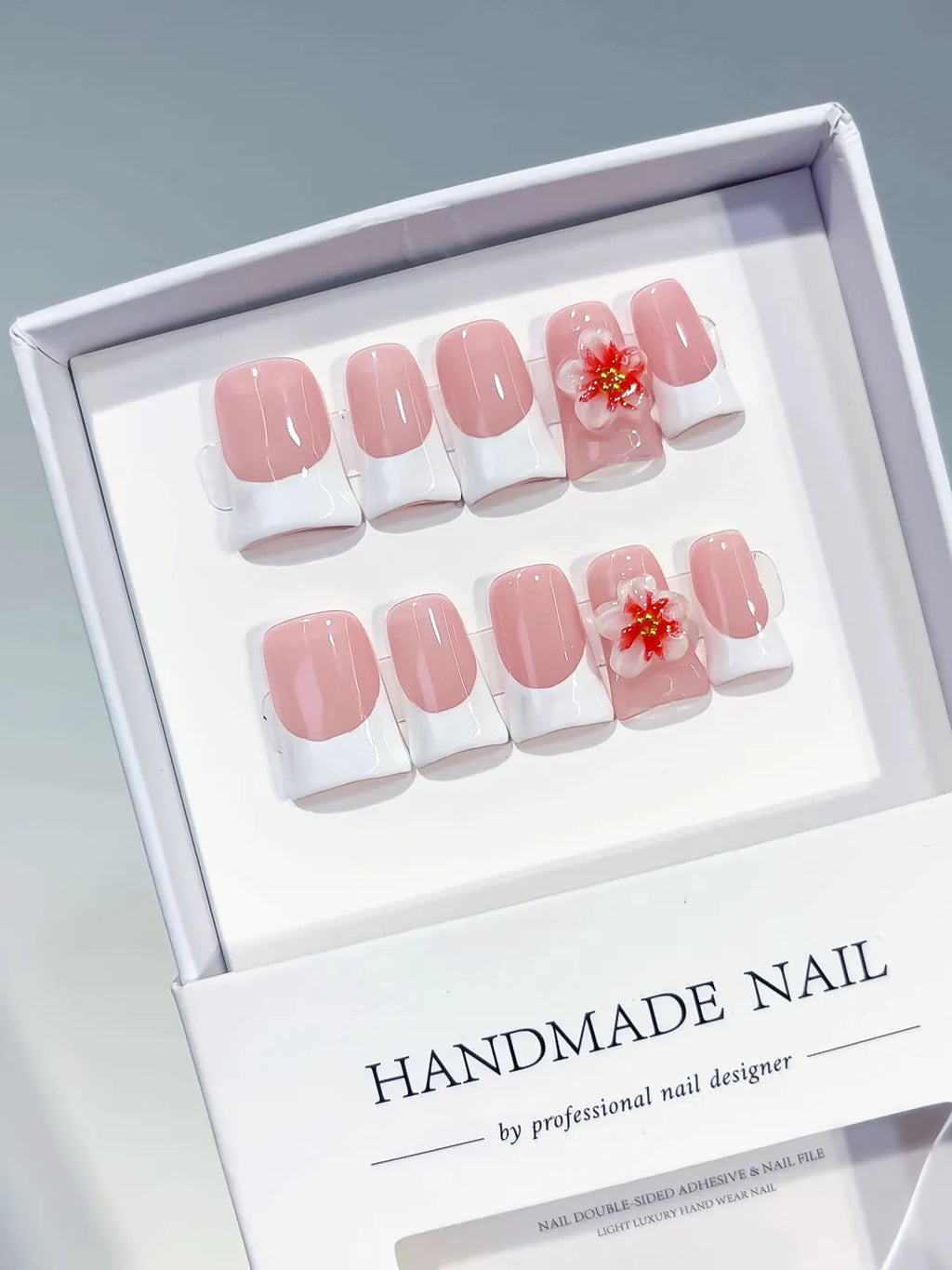 L244 - Short Pink White Duck French tip Flower 3D