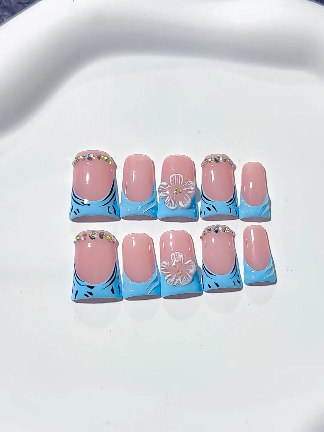 L245 - Short Pink Blue Duck Abstract Flower Rhinestone
