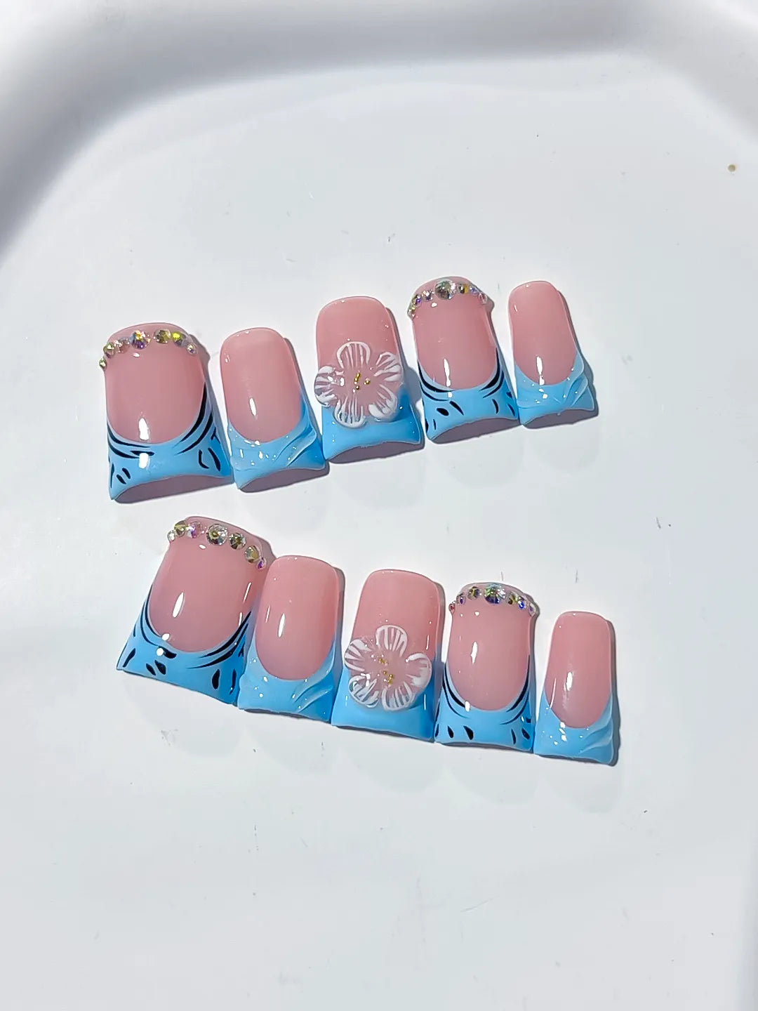 L245 - Short Pink Blue Duck Abstract Flower Rhinestone