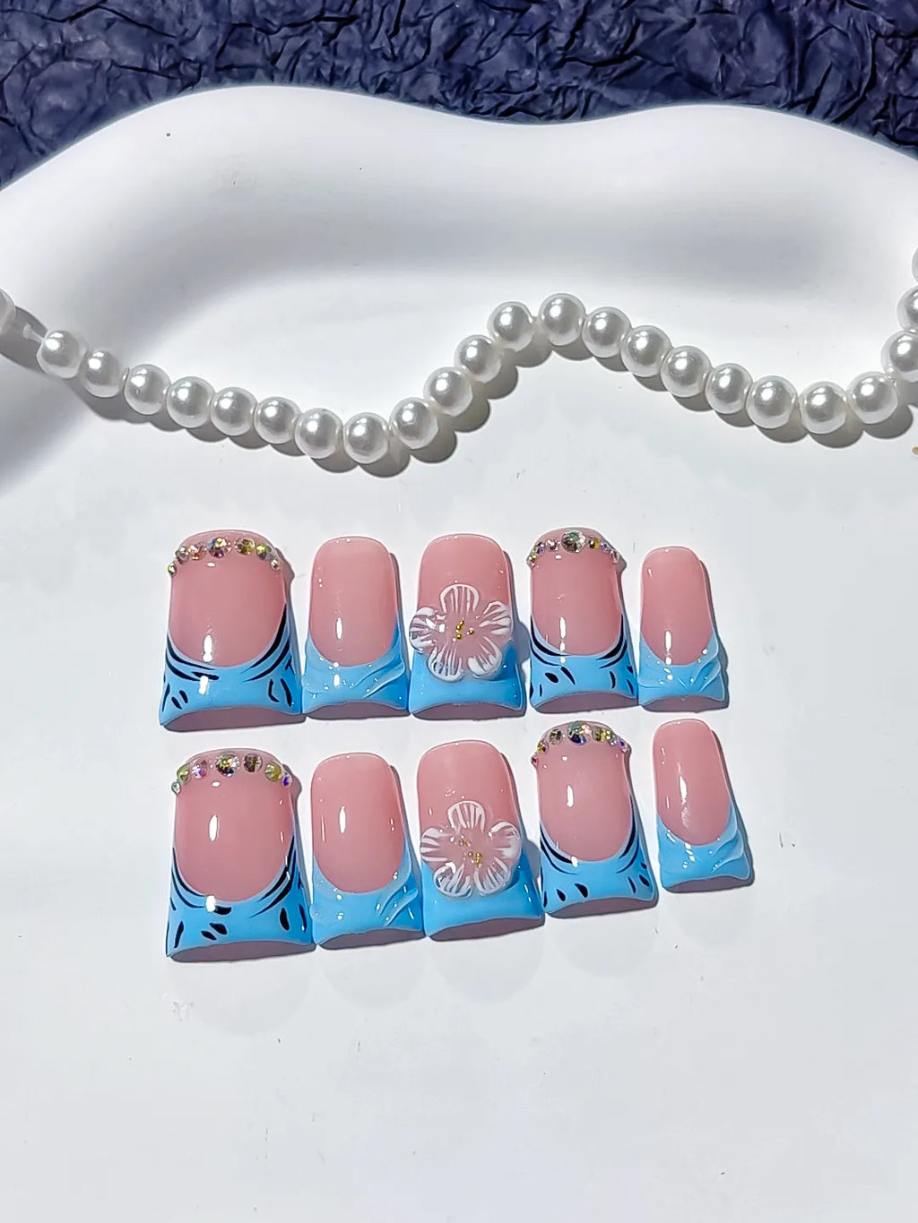 L245 - Short Pink Blue Duck Abstract Flower Rhinestone