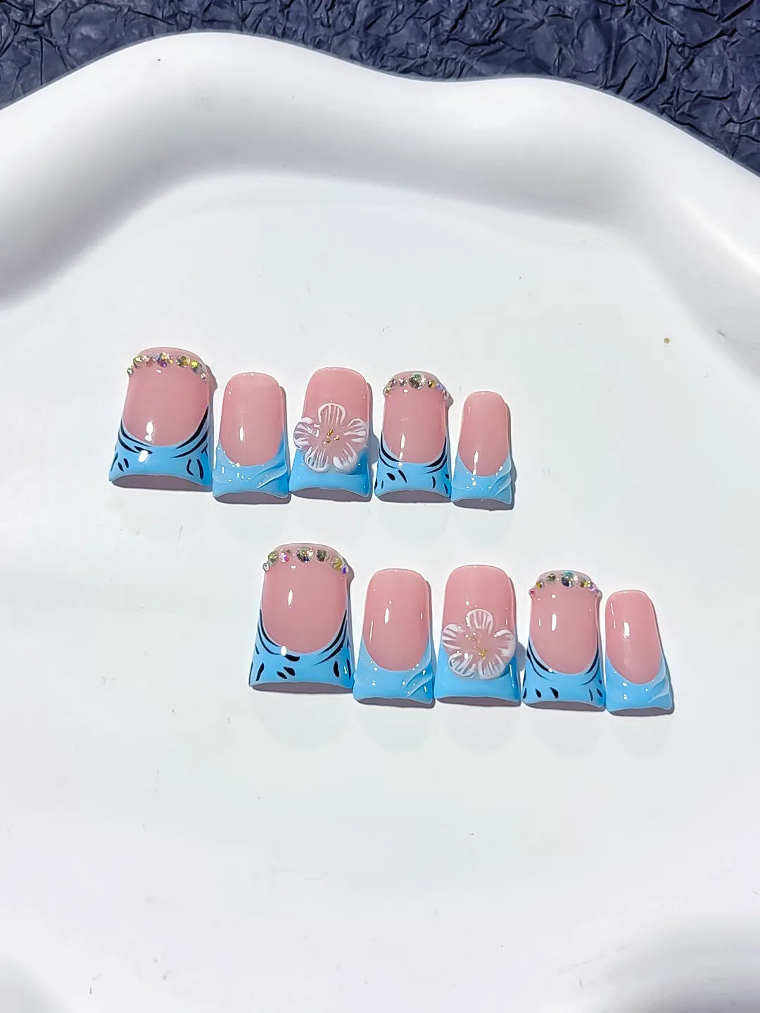 L245 - Short Pink Blue Duck Abstract Flower Rhinestone