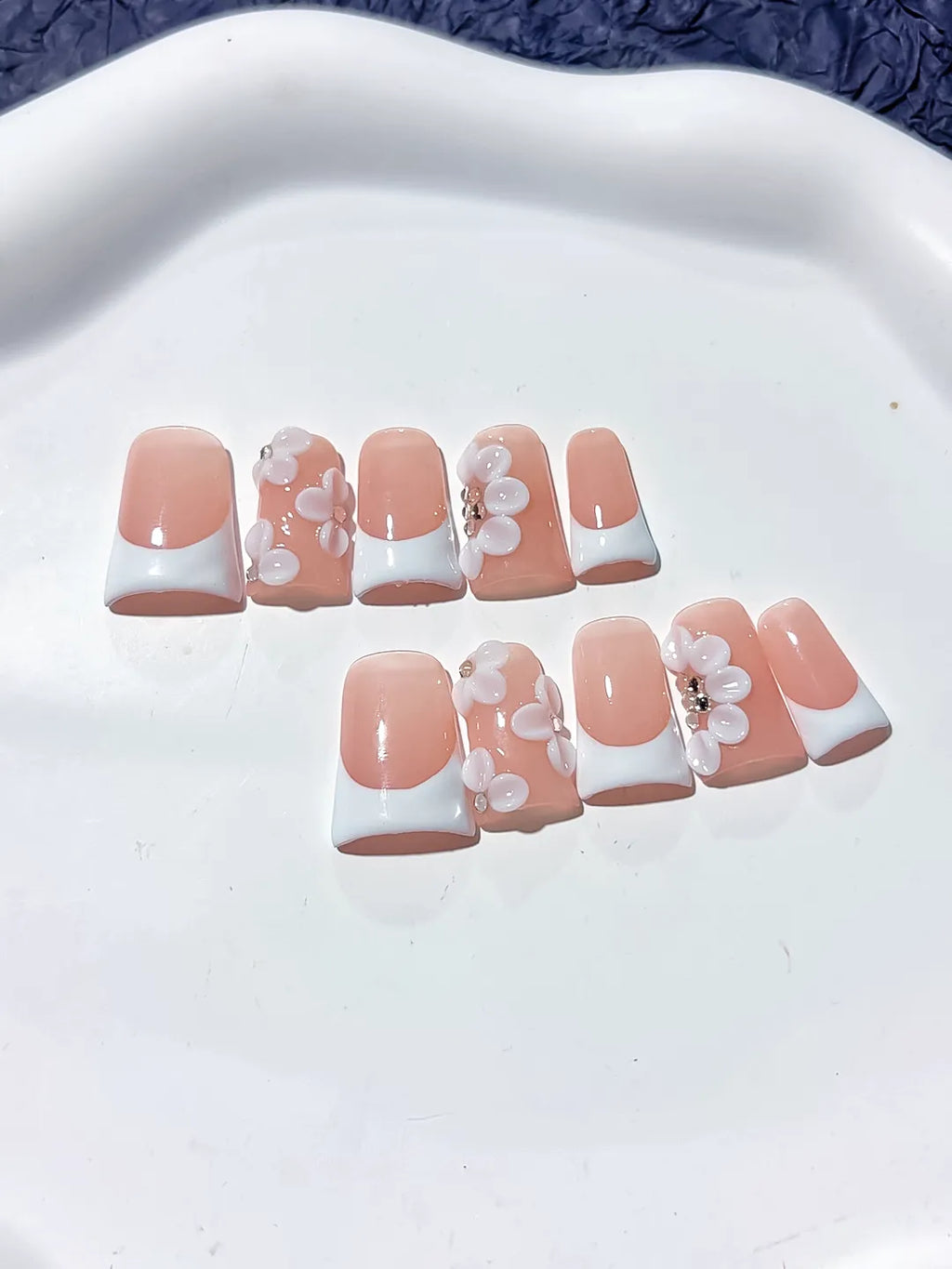 L247 - Short Nude White Duck French tip Flower Rhinestone