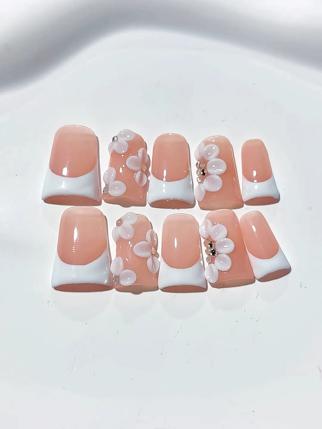 L247 - Short Nude White Duck French tip Flower Rhinestone