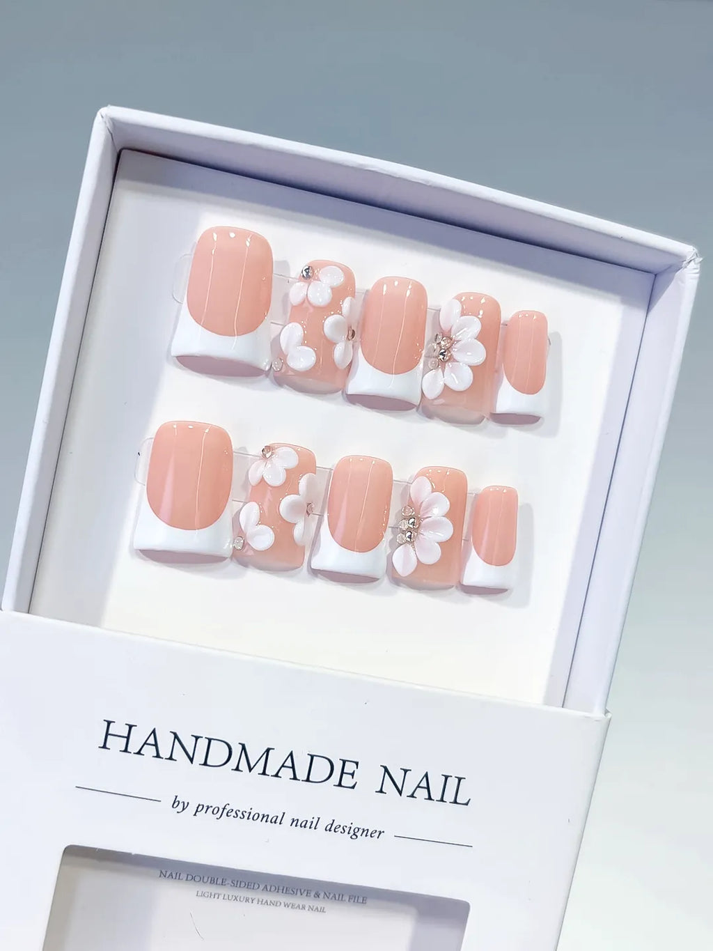 L247 - Short Nude White Duck French tip Flower Rhinestone