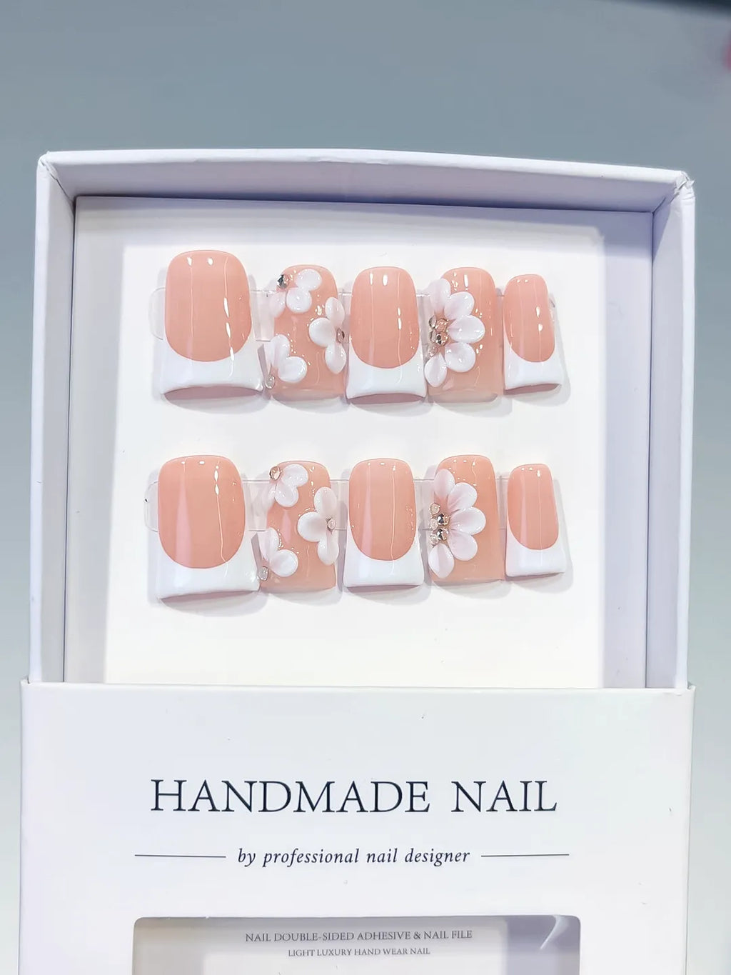 L247 - Short Nude White Duck French tip Flower Rhinestone