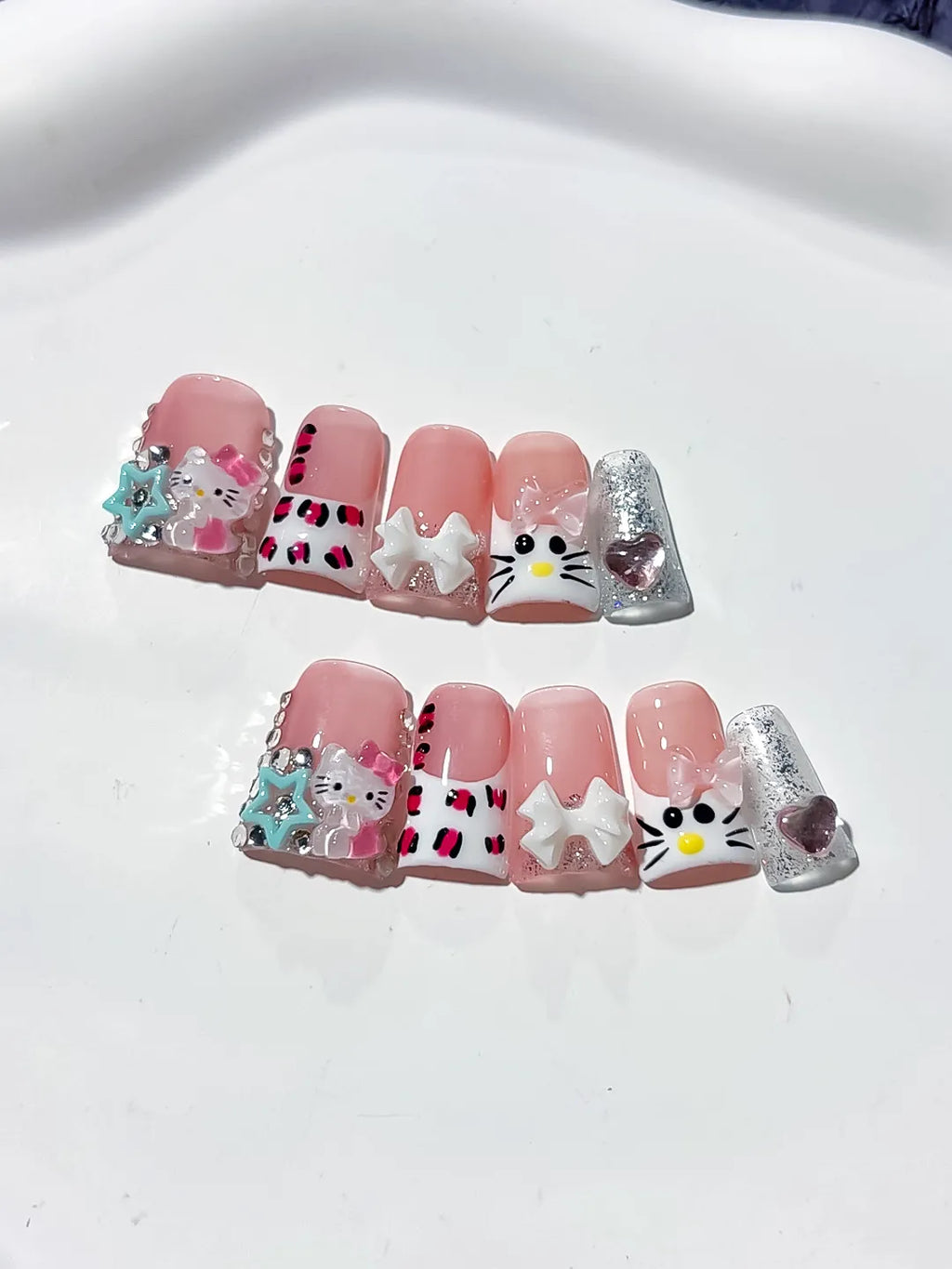 L248 - Short Pink White Duck French tip Hello Kitty Bow