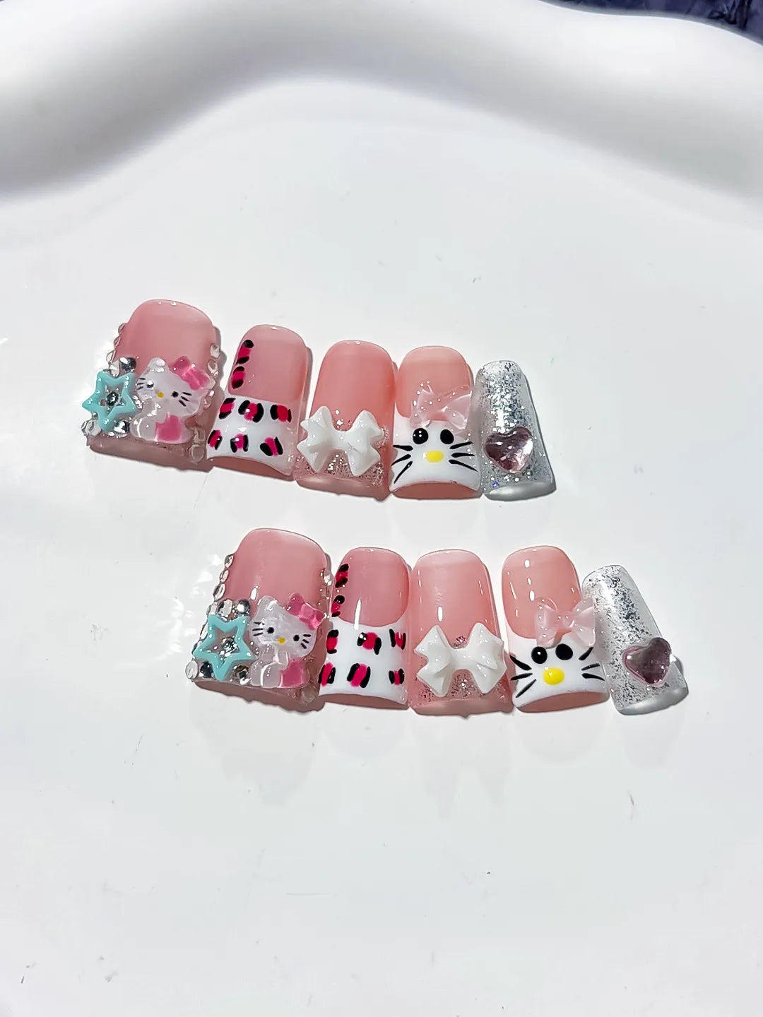 L248 - Short Pink White Duck French tip Hello Kitty Bow