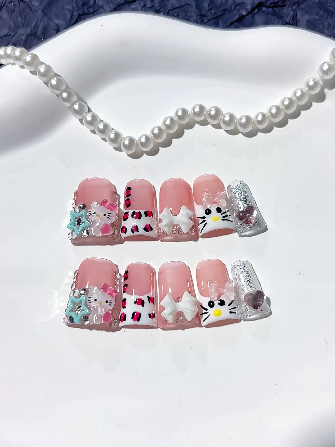 L248 - Short Pink White Duck French tip Hello Kitty Bow