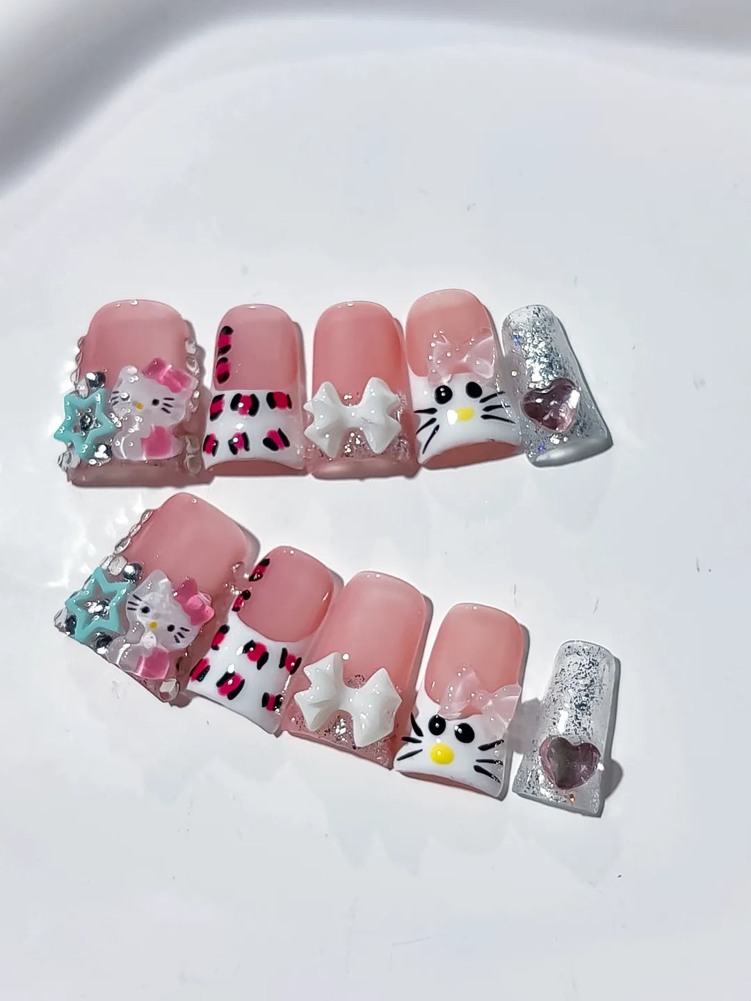 L248 - Short Pink White Duck French tip Hello Kitty Bow