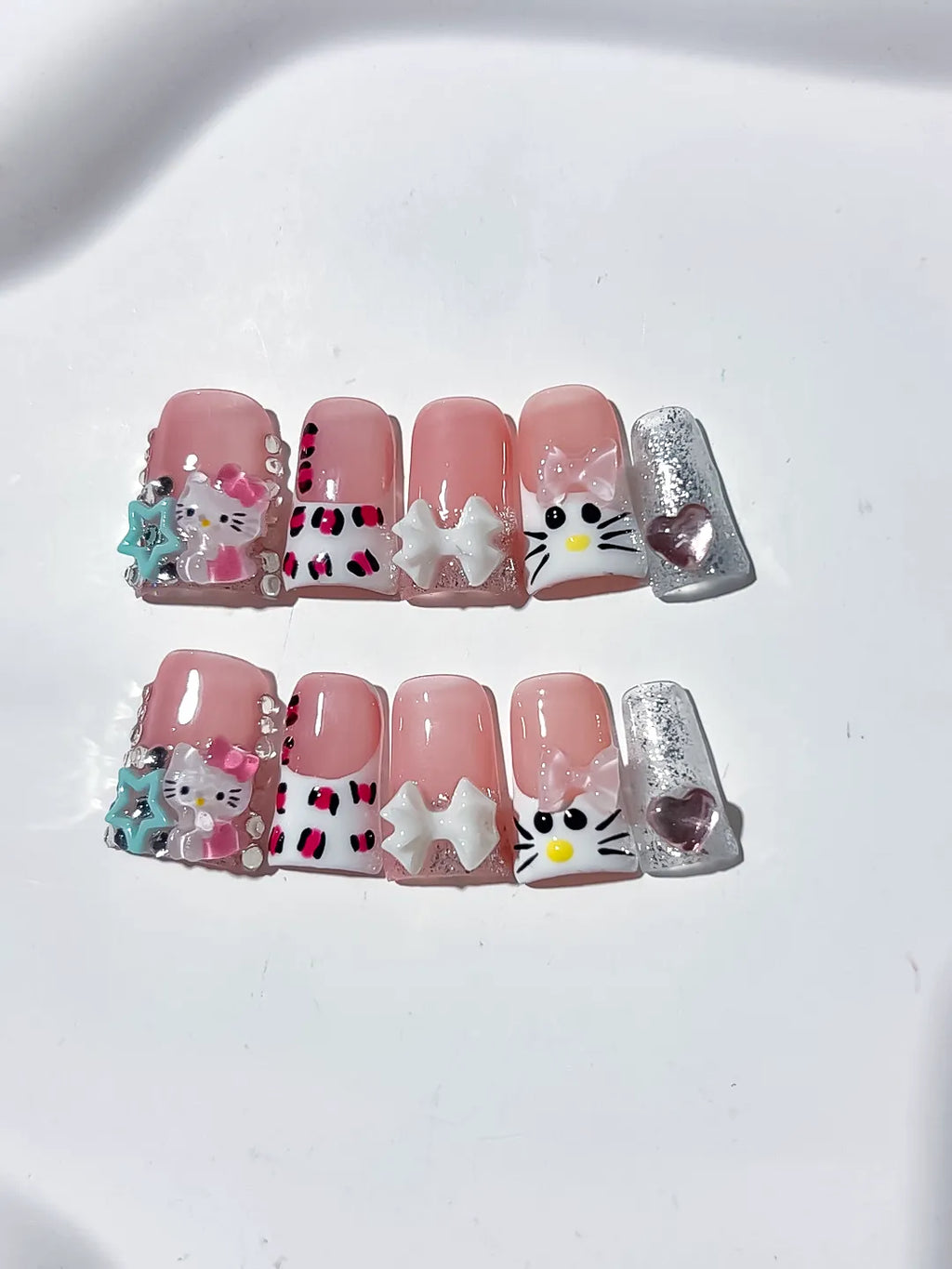 L248 - Short Pink White Duck French tip Hello Kitty Bow