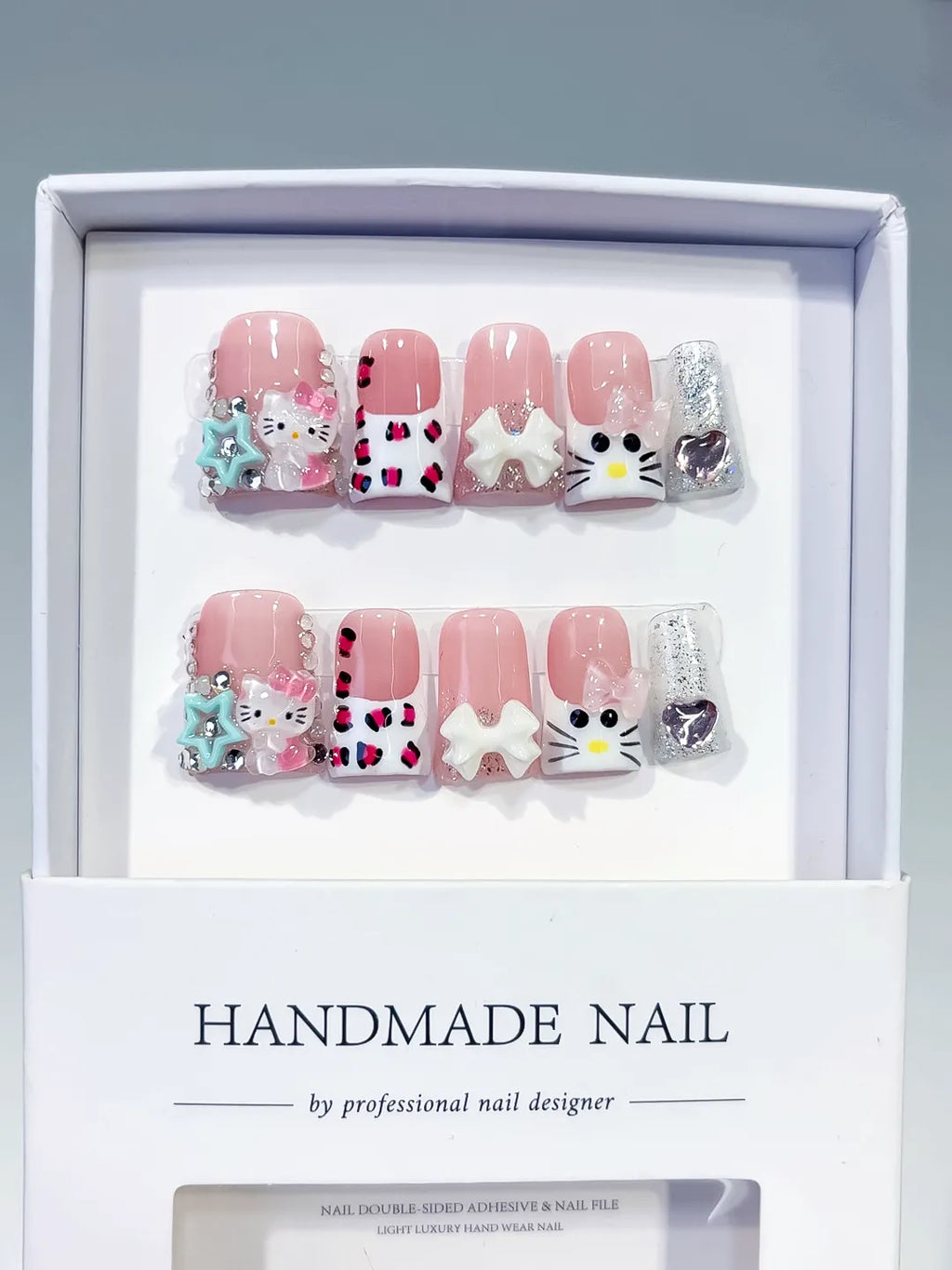 L248 - Short Pink White Duck French tip Hello Kitty Bow