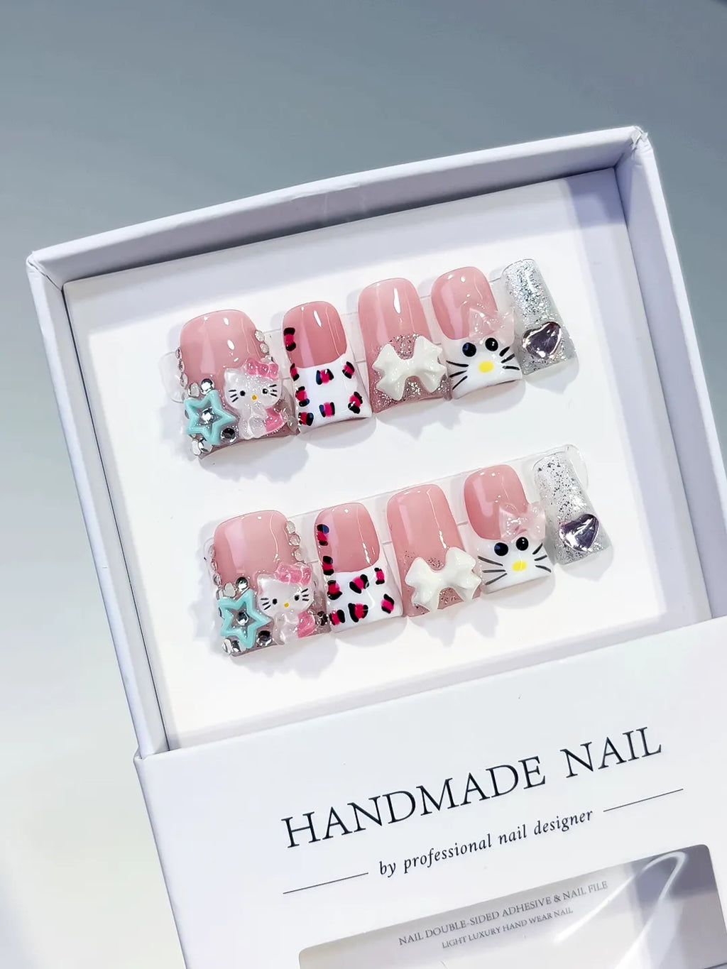 L248 - Short Pink White Duck French tip Hello Kitty Bow