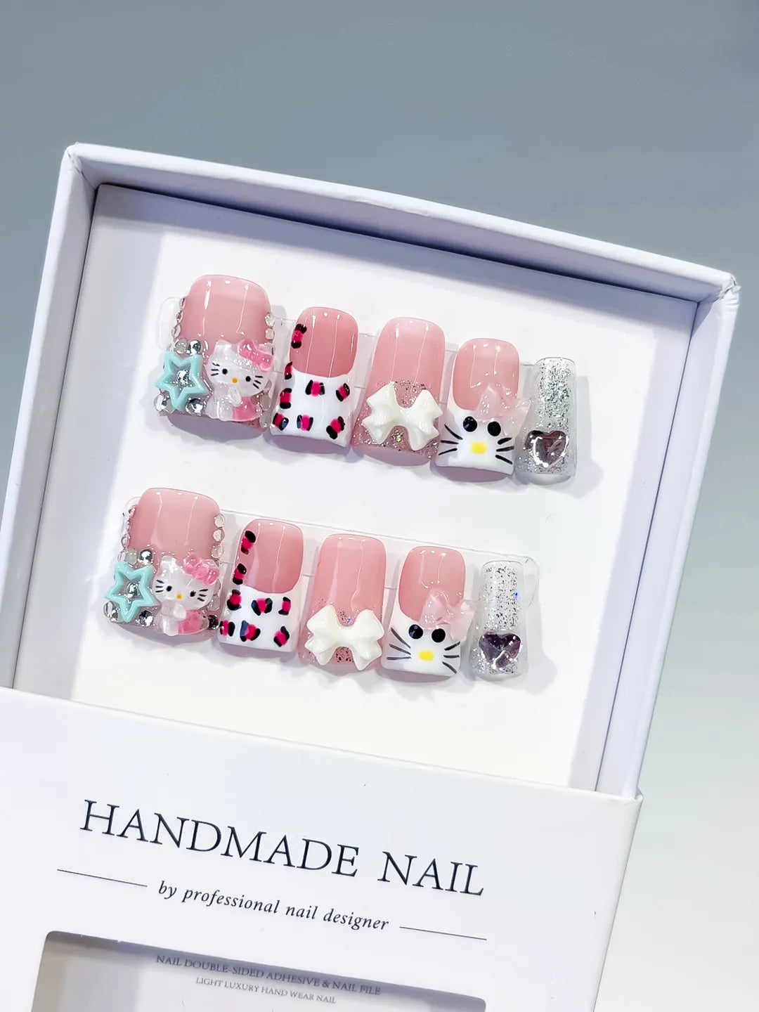 L248 - Short Pink White Duck French tip Hello Kitty Bow