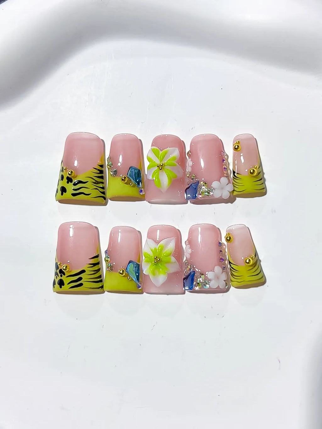 L249 - Short Pink Green Duck Abstract Flower Rhinestone