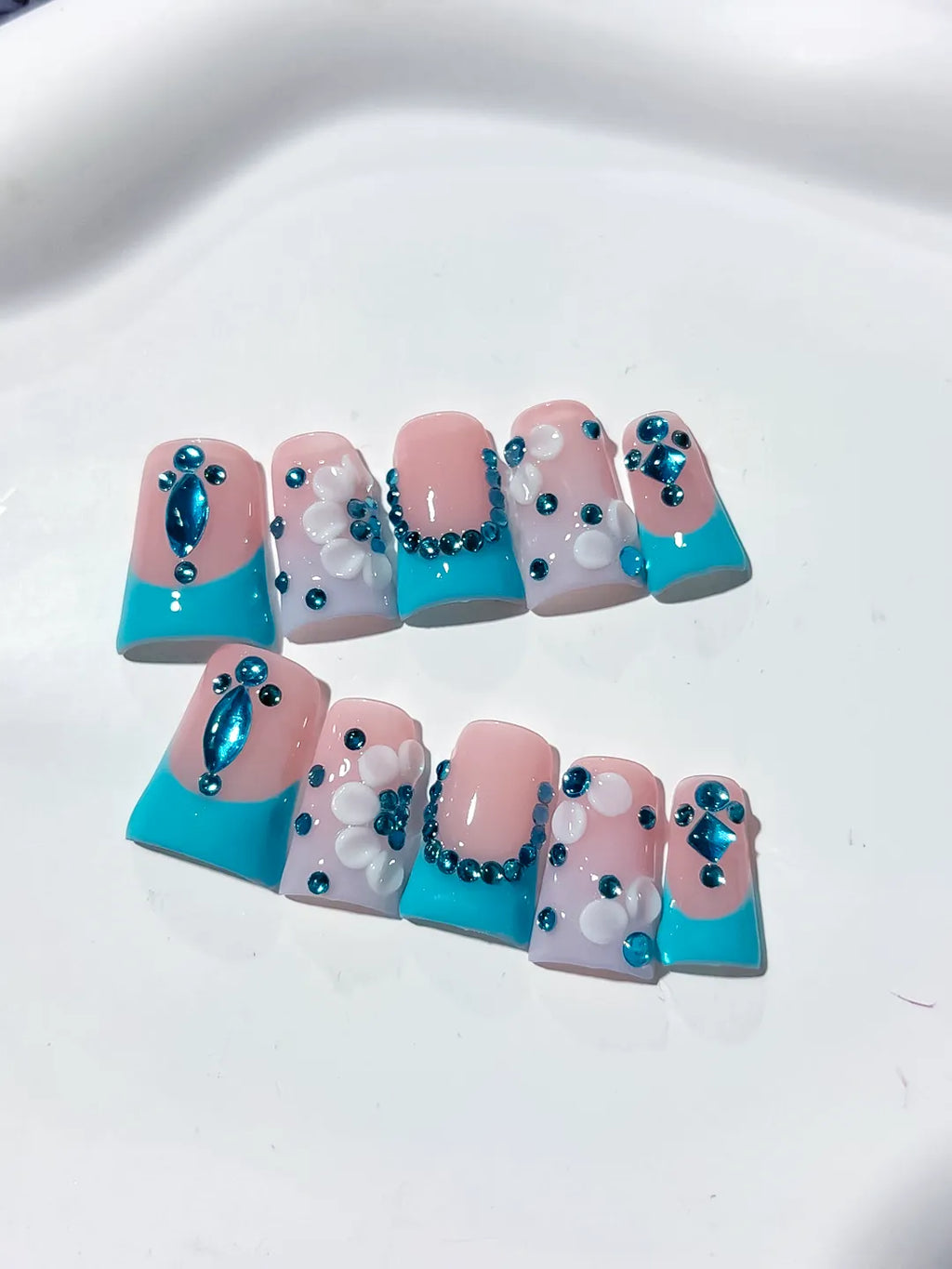 L255 - Short Nude Blue Duck French tip Flower Rhinestone