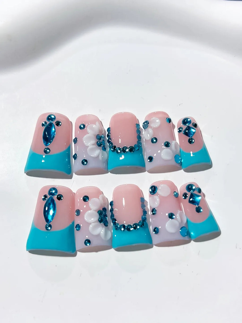 L255 - Short Nude Blue Duck French tip Flower Rhinestone
