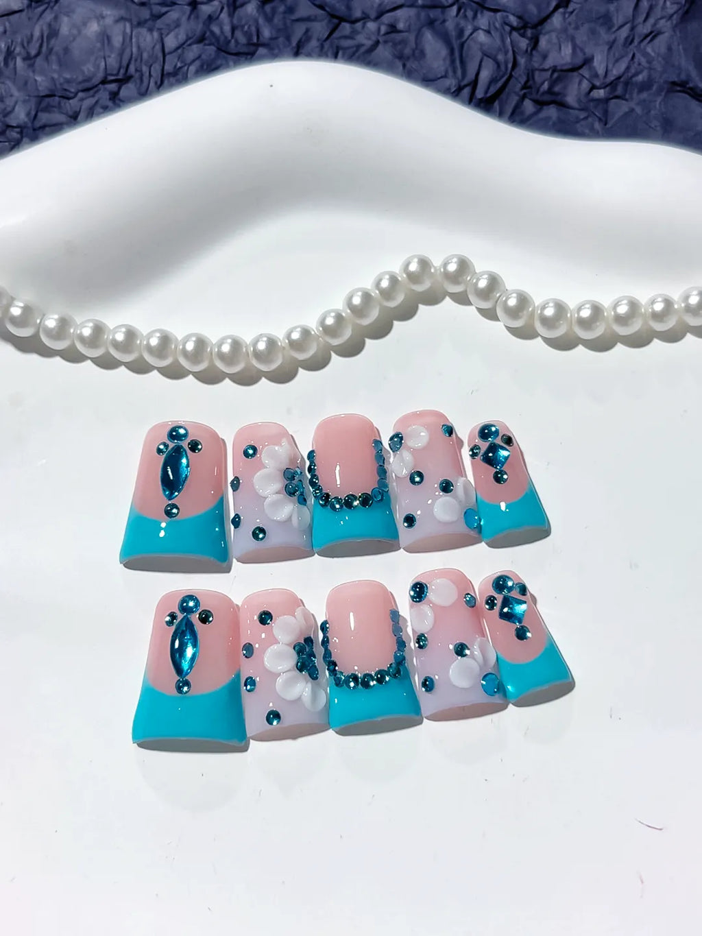 L255 - Short Nude Blue Duck French tip Flower Rhinestone