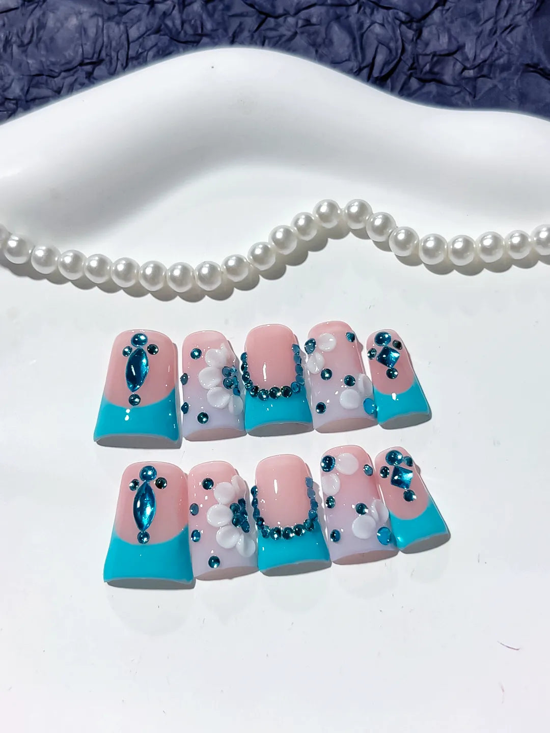 L255 - Short Nude Blue Duck French tip Flower Rhinestone