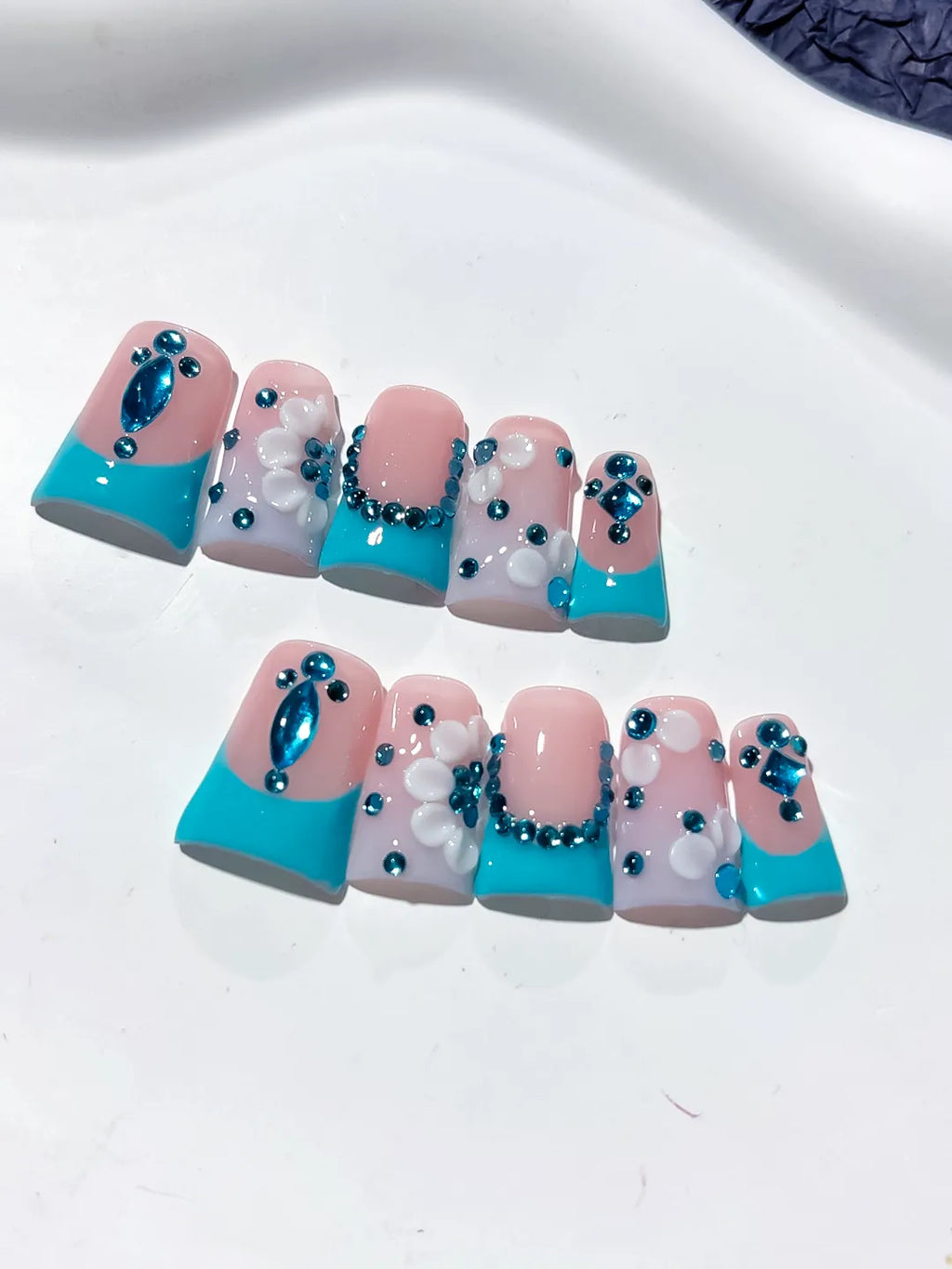 L255 - Short Nude Blue Duck French tip Flower Rhinestone