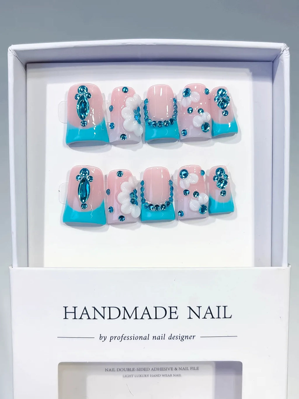 L255 - Short Nude Blue Duck French tip Flower Rhinestone