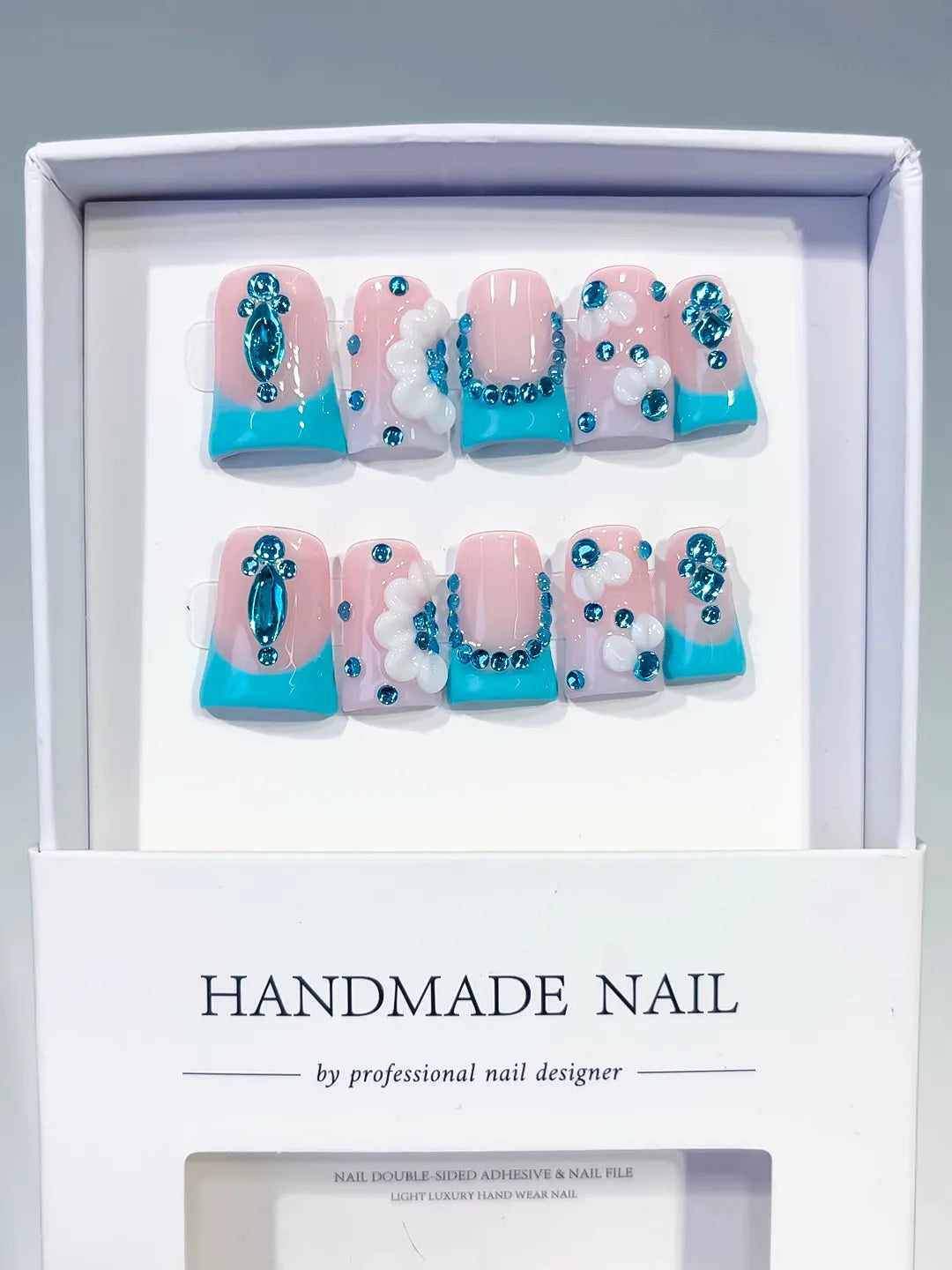 L255 - Short Nude Blue Duck French tip Flower Rhinestone