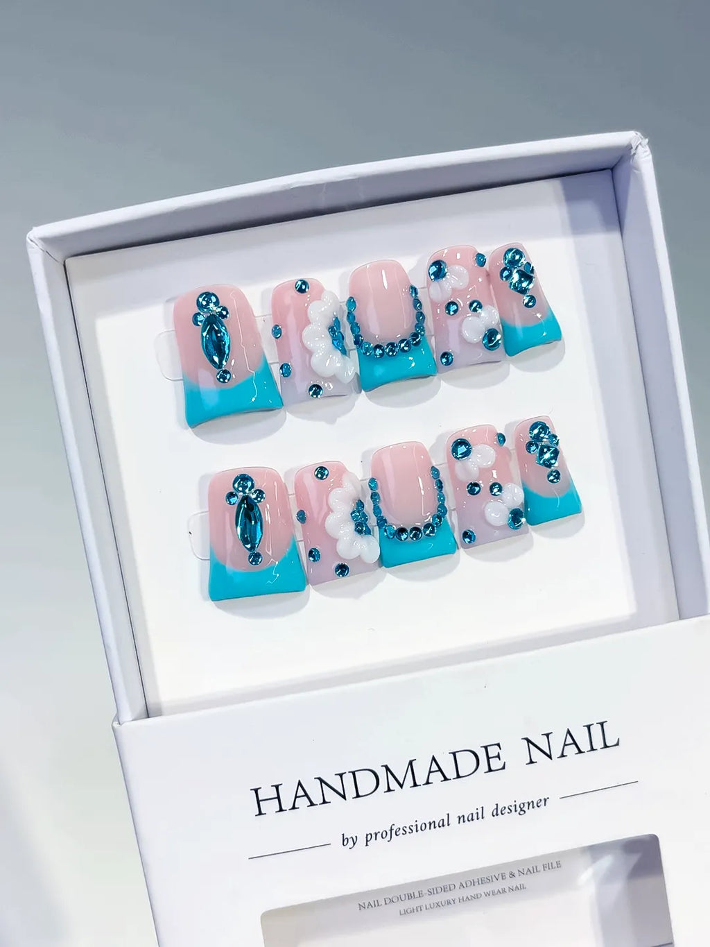 L255 - Short Nude Blue Duck French tip Flower Rhinestone
