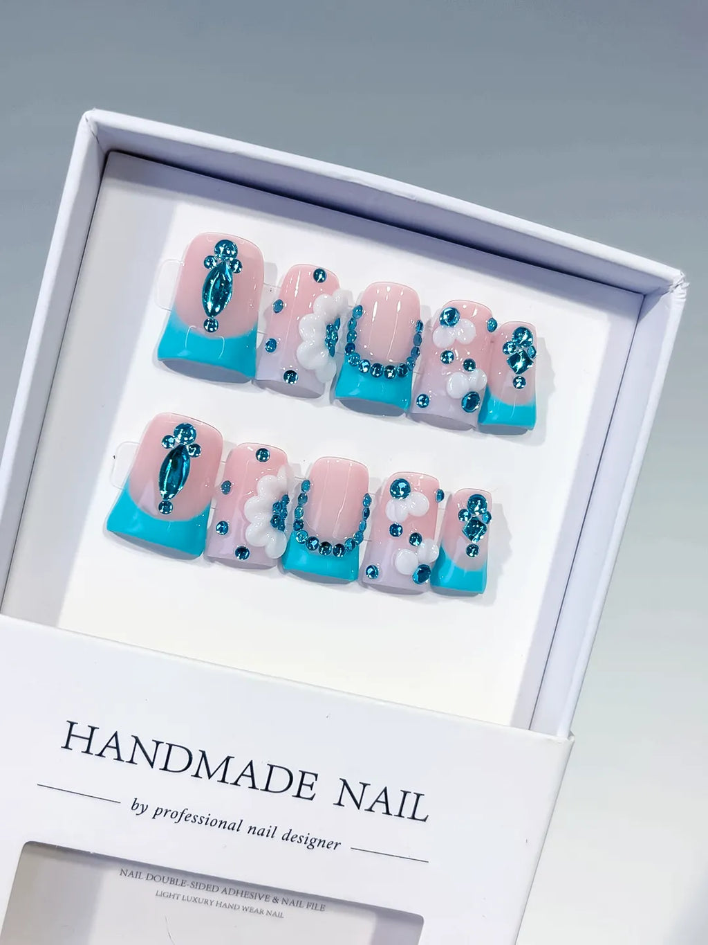 L255 - Short Nude Blue Duck French tip Flower Rhinestone