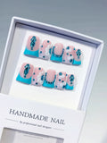 L255 - Short Nude Blue Duck French tip Flower Rhinestone