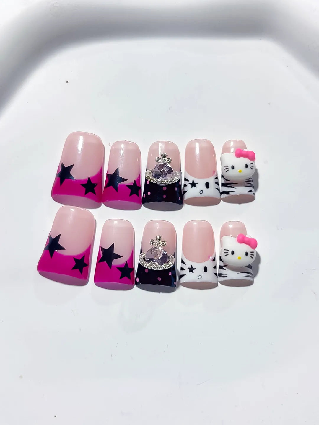 L267 - Short Pink White Duck French tip Bow Hello Kitty