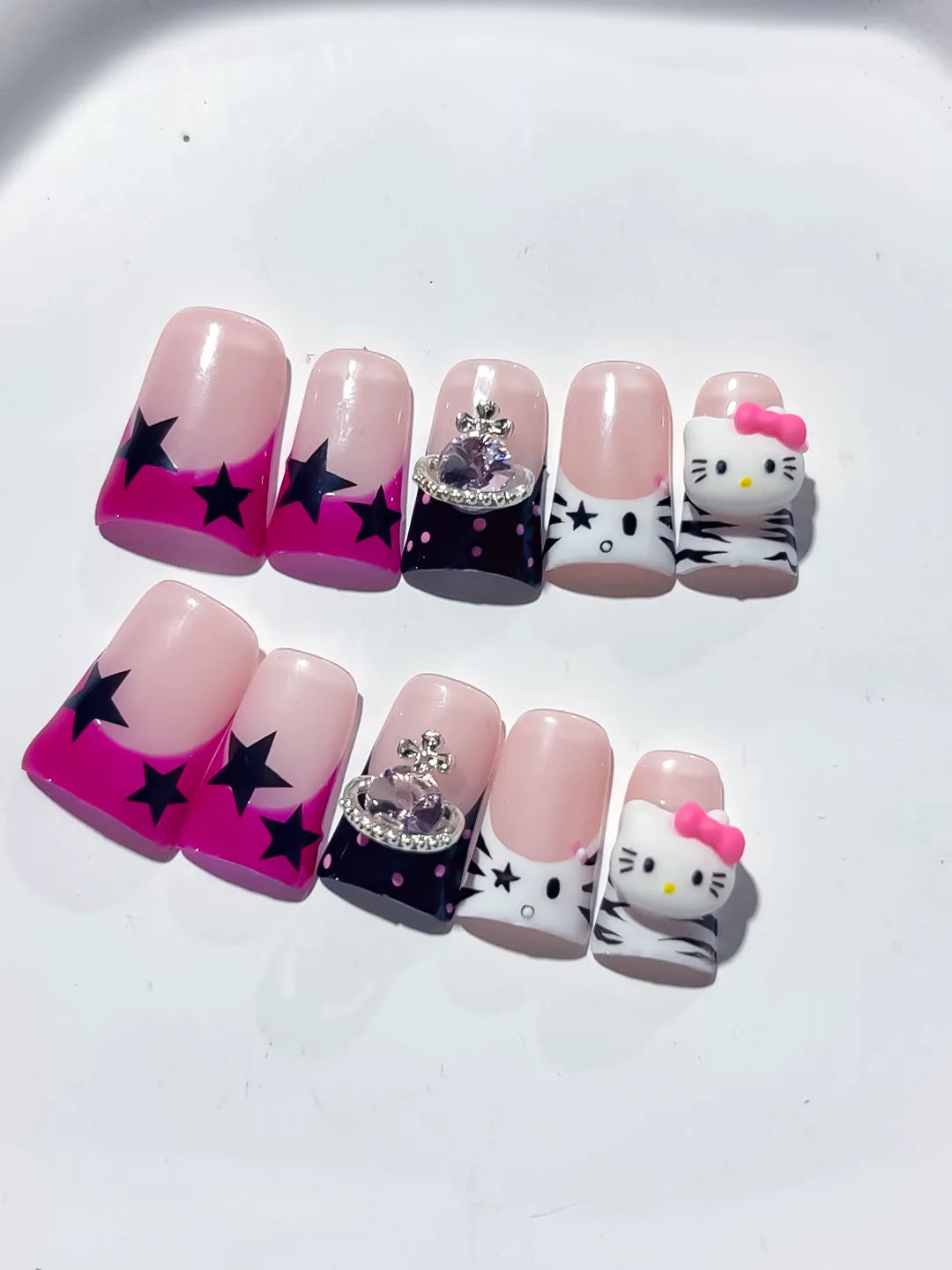 L267 - Short Pink White Duck French tip Bow Hello Kitty