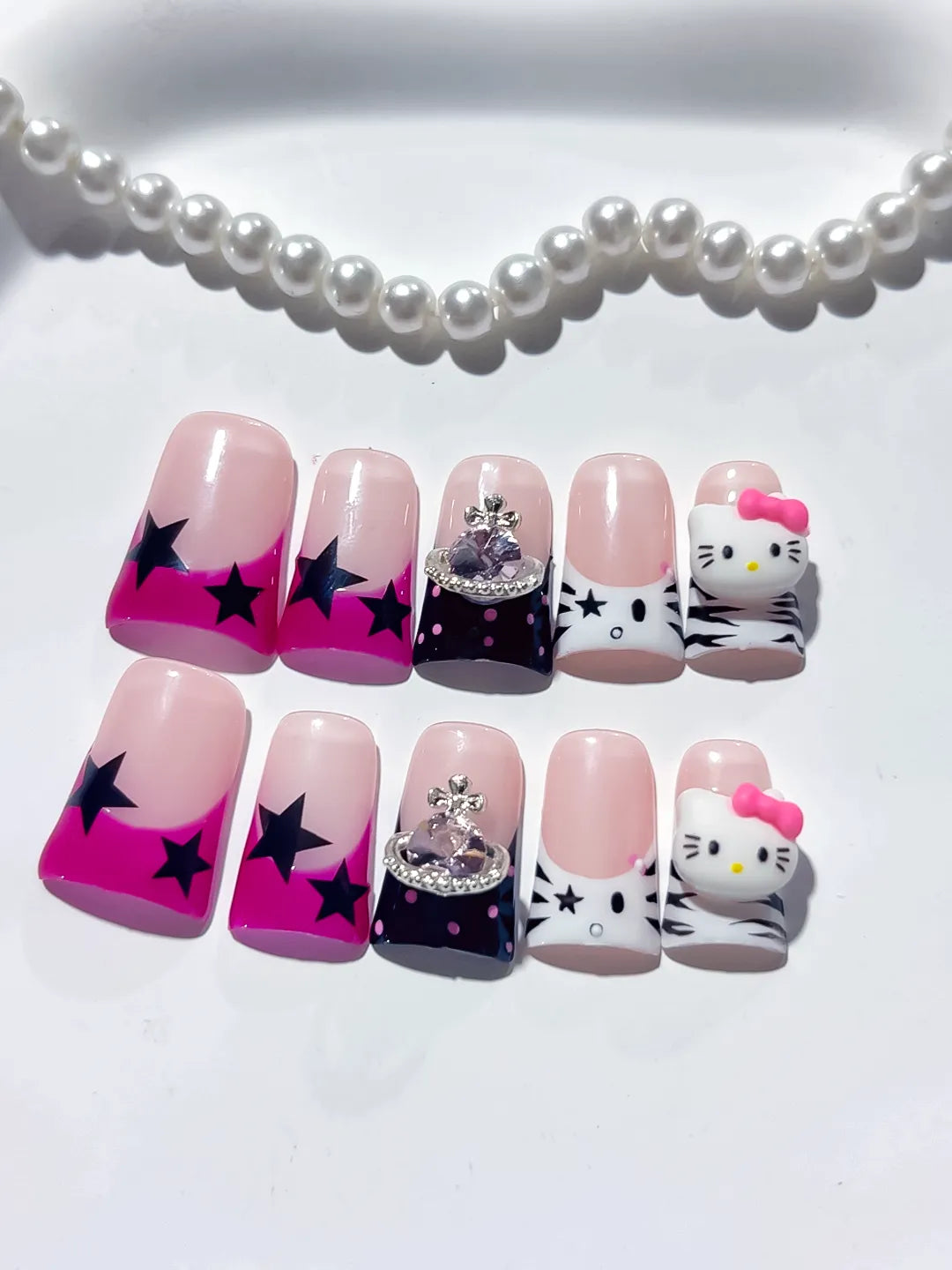 L267 - Short Pink White Duck French tip Bow Hello Kitty