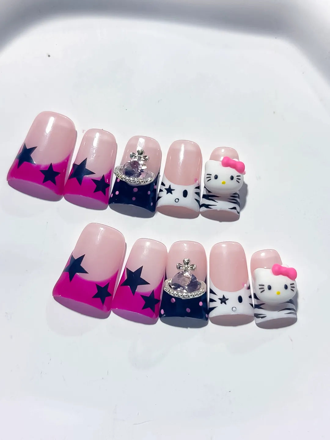 L267 - Short Pink White Duck French tip Bow Hello Kitty