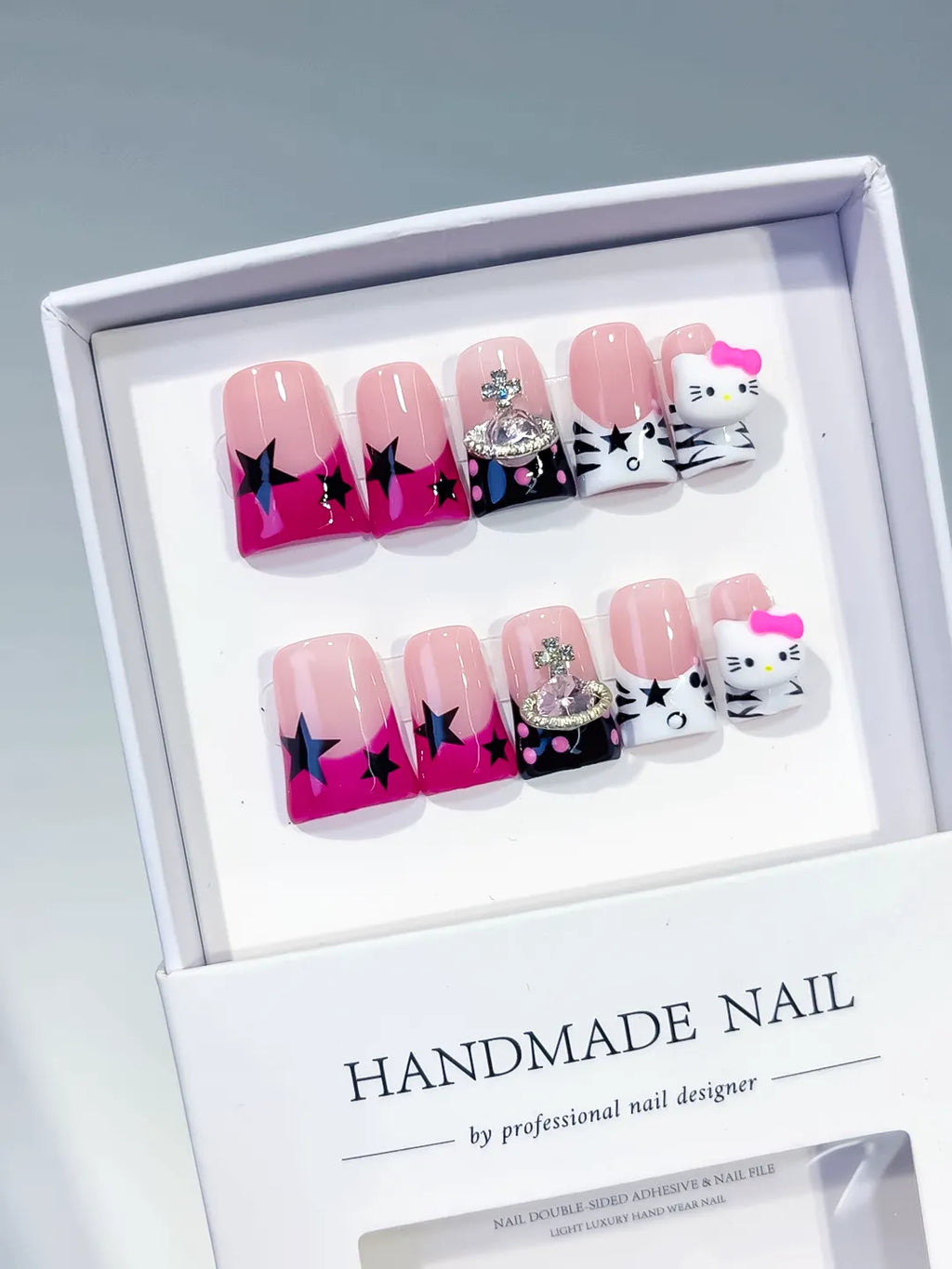 L267 - Short Pink White Duck French tip Bow Hello Kitty