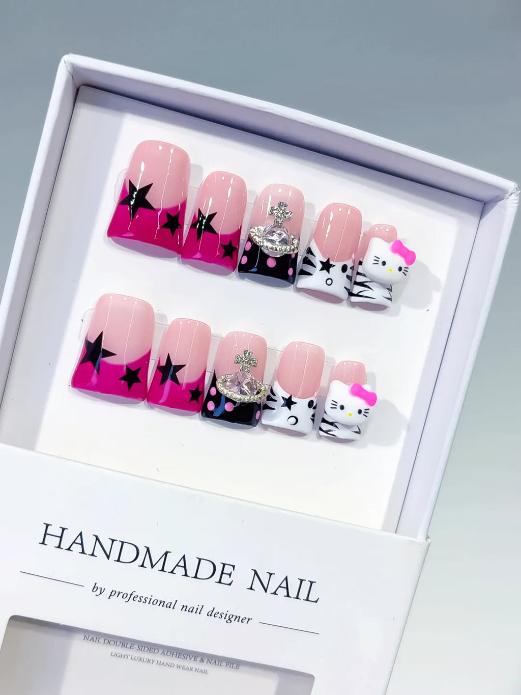 L267 - Short Pink White Duck French tip Bow Hello Kitty