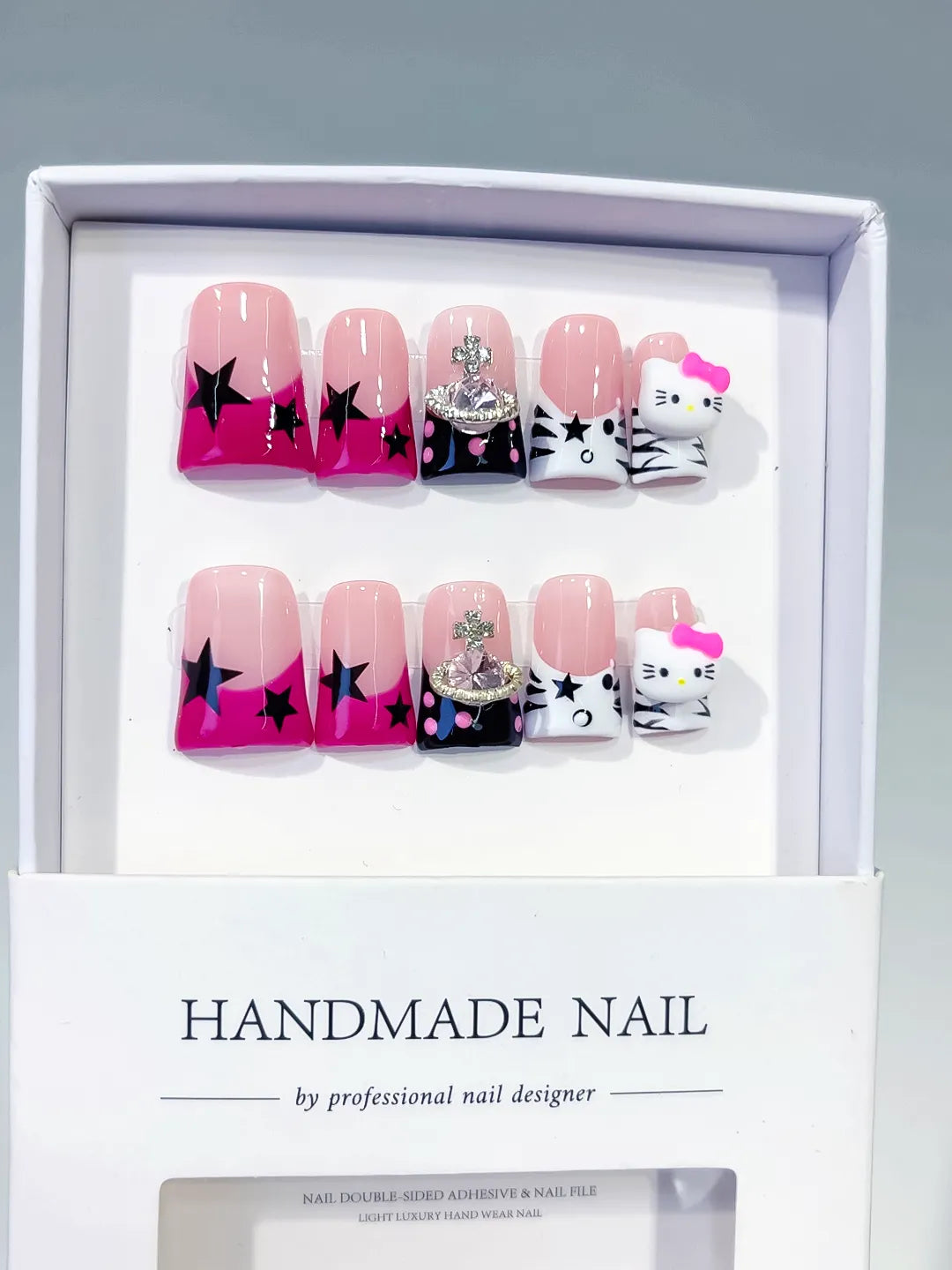 L267 - Short Pink White Duck French tip Bow Hello Kitty