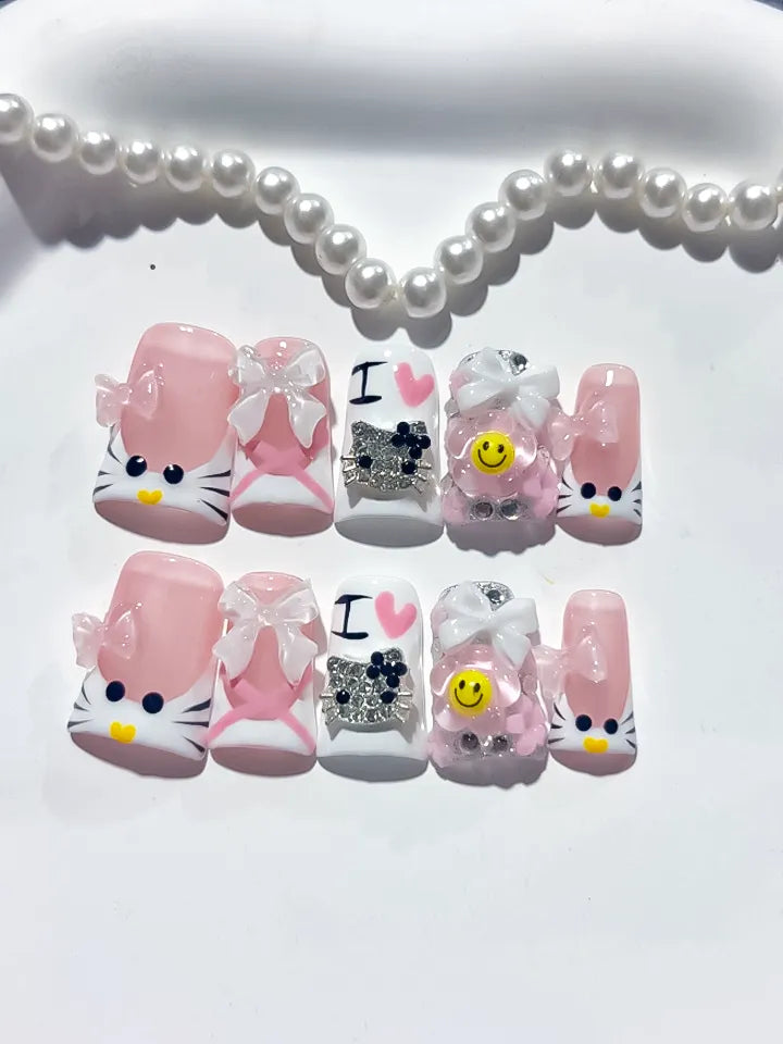 L270 - Short Pink White Duck Abstract Bow Smile