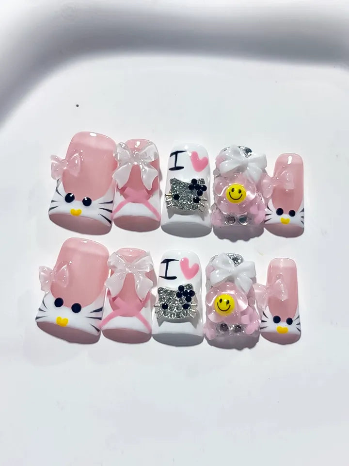 L270 - Short Pink White Duck Abstract Bow Smile