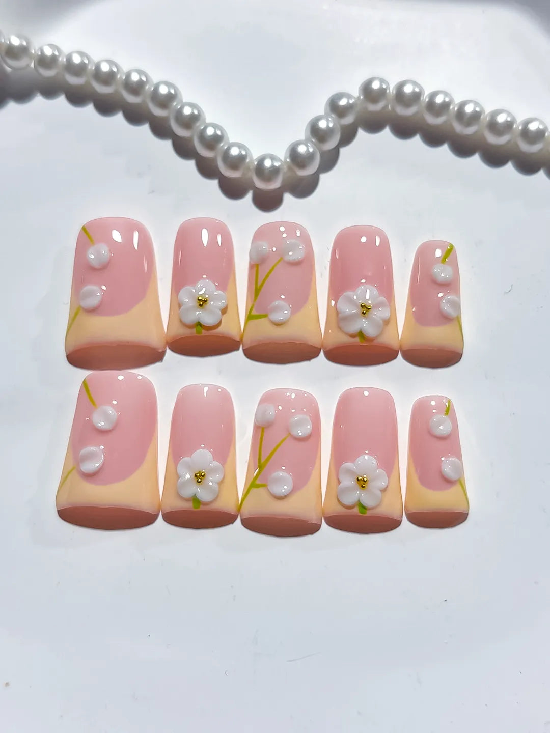 L277 - Short Pink Nude Duck French tip Flower Pearl